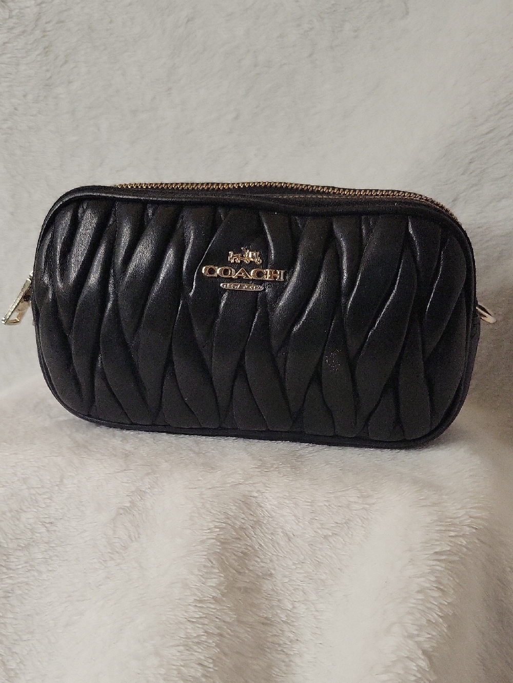Coach Black Quilted Leather Cosmetic Pouch with Gold Logo